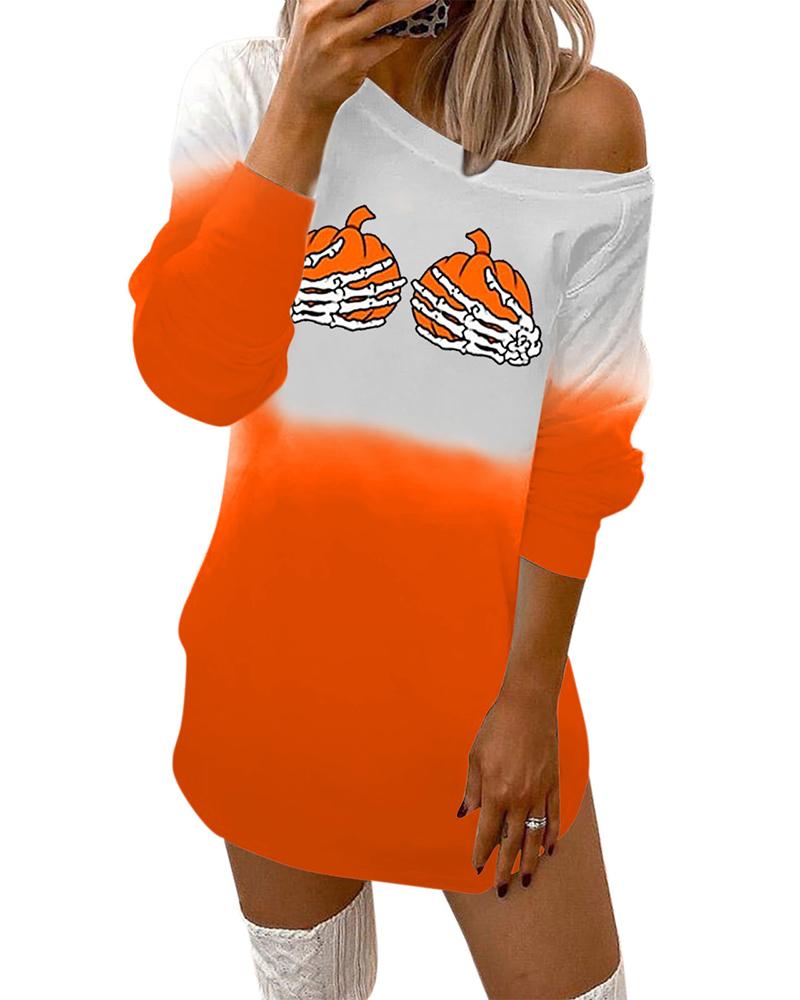 

Halloween Pumpkin Skull Print Ombre Sweatshirt Casual Dress, Orange