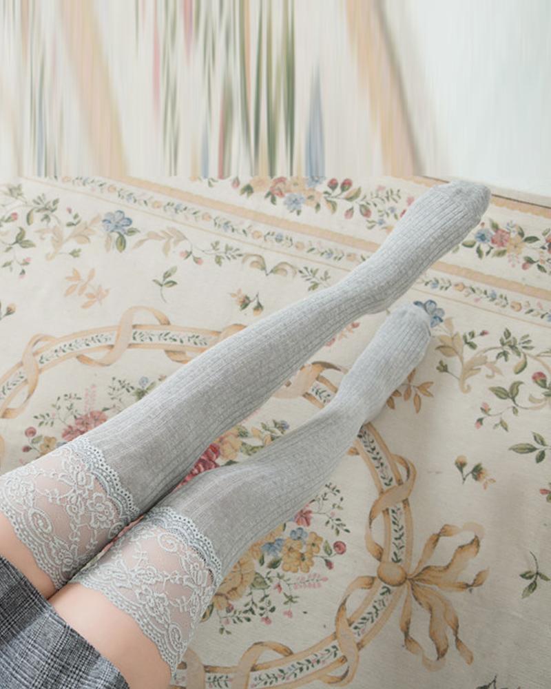 

Contrast Lace Leg Warmers Over Knee Thigh High Socks, Light gray