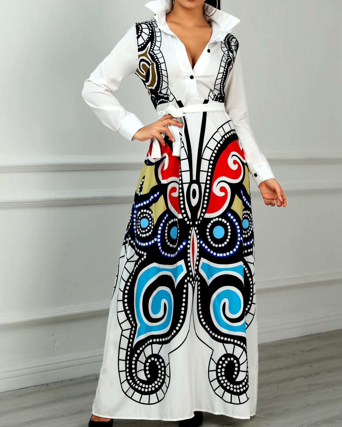 

Abstract Print Long Sleeve Shirt Dress, White