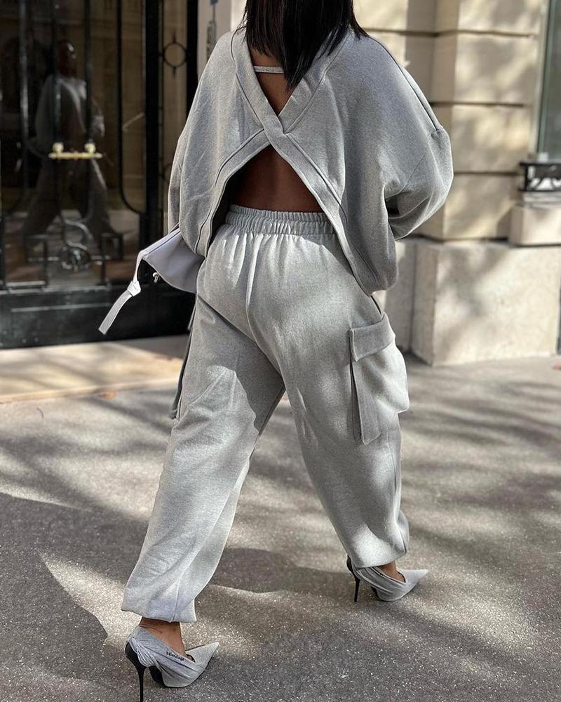 

Backless Long Sleeve Top & Pocket Design Cargo Pants Set, Gray