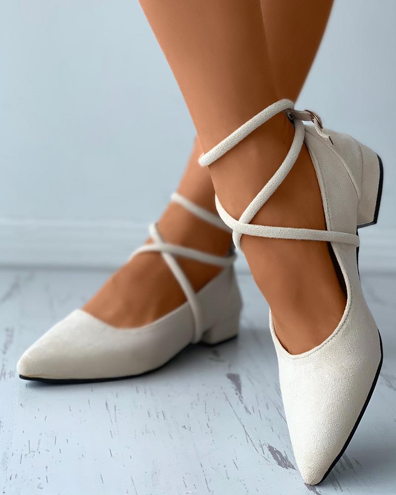 

Pointed Toe Strappy Suede Slip-On Shoes, Beige