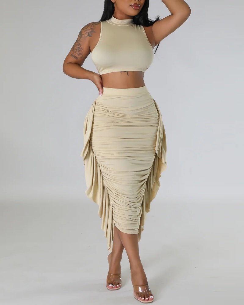 

Mock Neck Tank Top & Ruffle Hem Skirt Set, Khaki