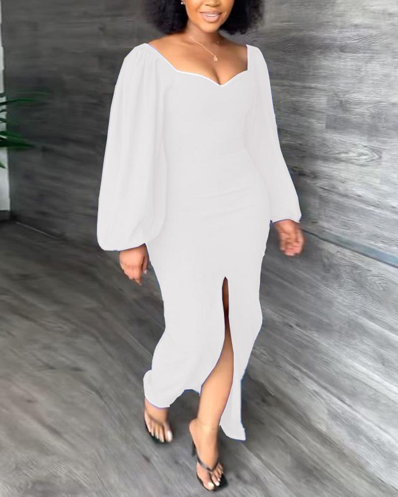 

Lantern Sleeve Split Thigh Party Dress, White