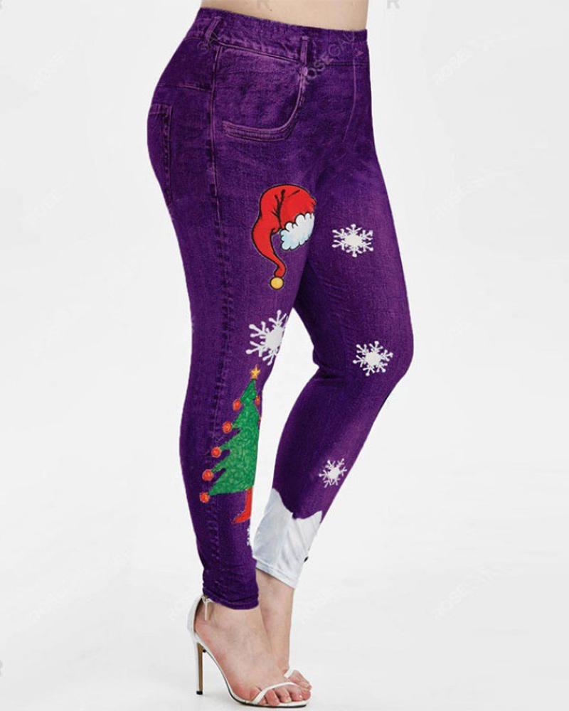 

Christmas Denim Look Print Leggings, Purple