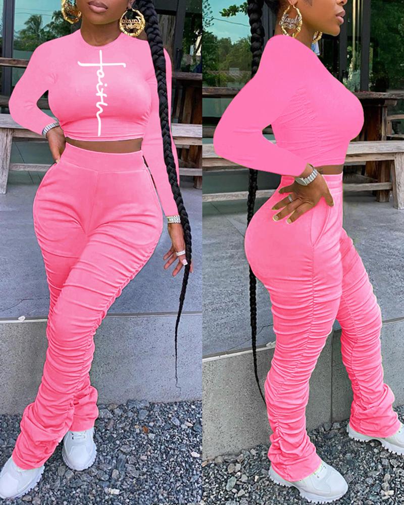 

Letter Print Crop Top & Ruched Pants Set, Pink