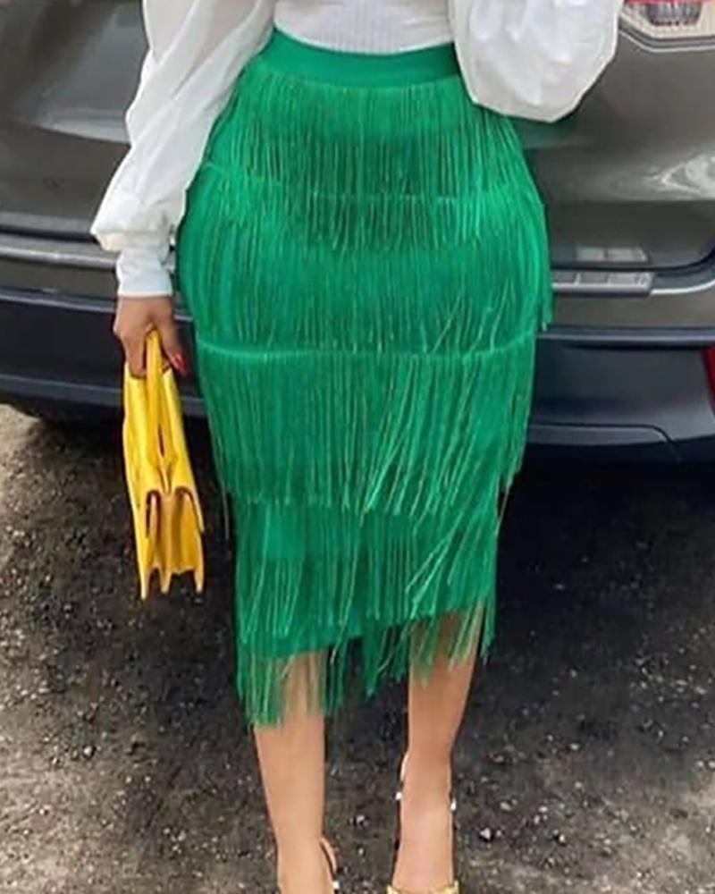 

High Waist Tassel Design Maxi Skirt, Green