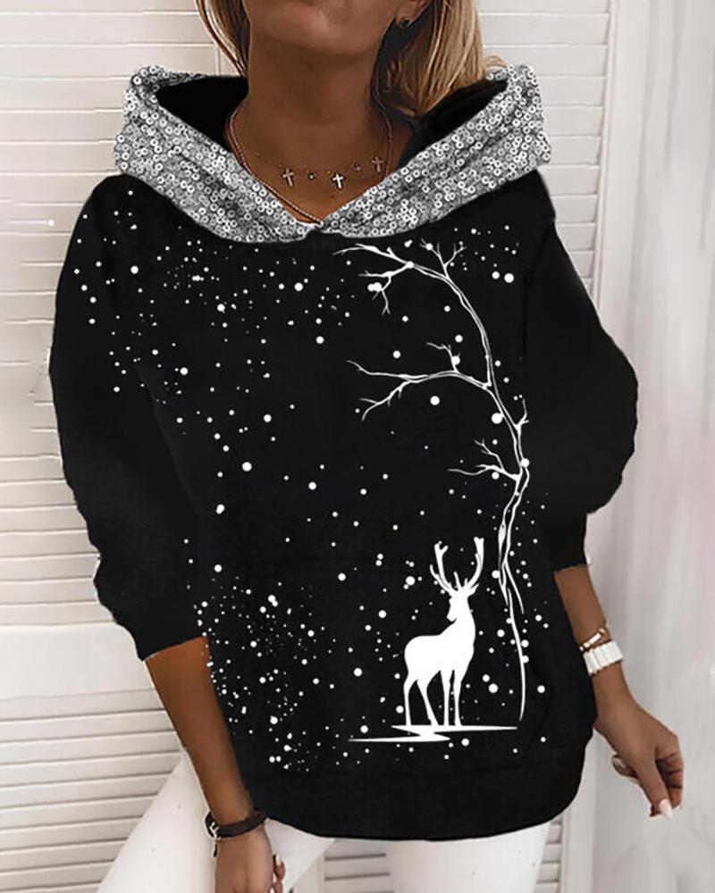 

Christmas Graphic Print Sequin Patch Hooded Top, Style1