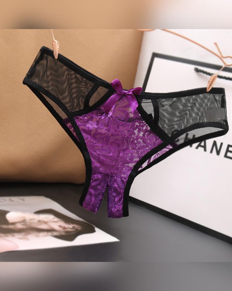 

Sexy See-through Color Block Lace Mesh Skinny Thong Panties, Purple
