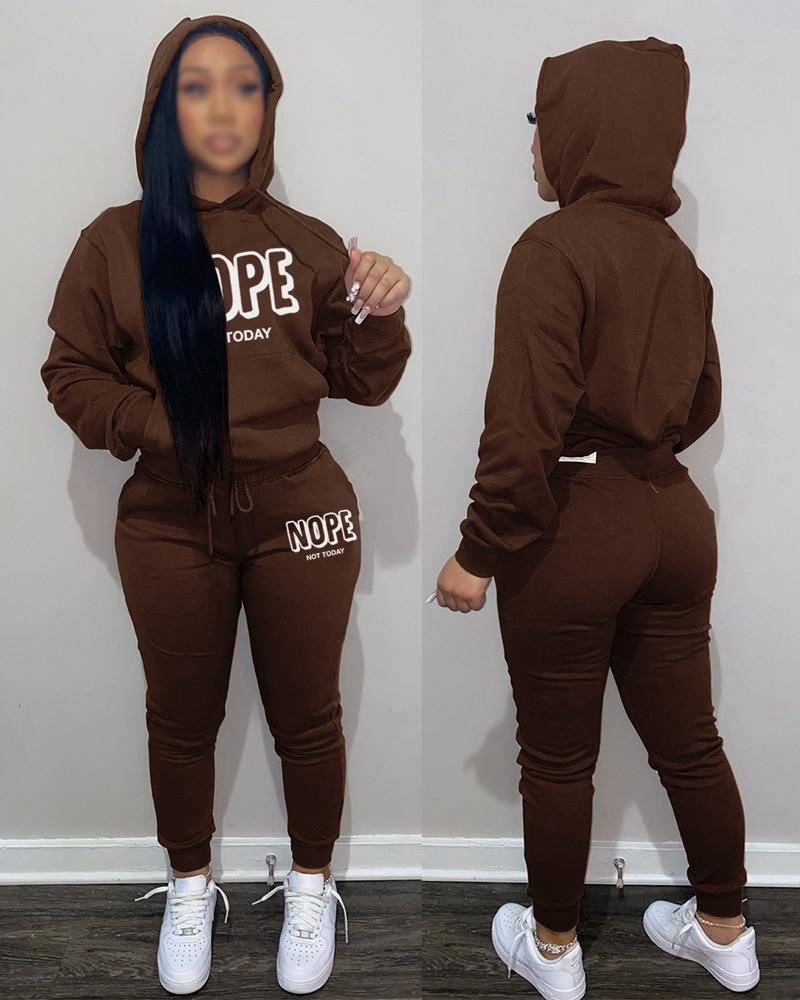 

Letter Print Long Sleeve Casual Hoodie & Pants Set, Coffee