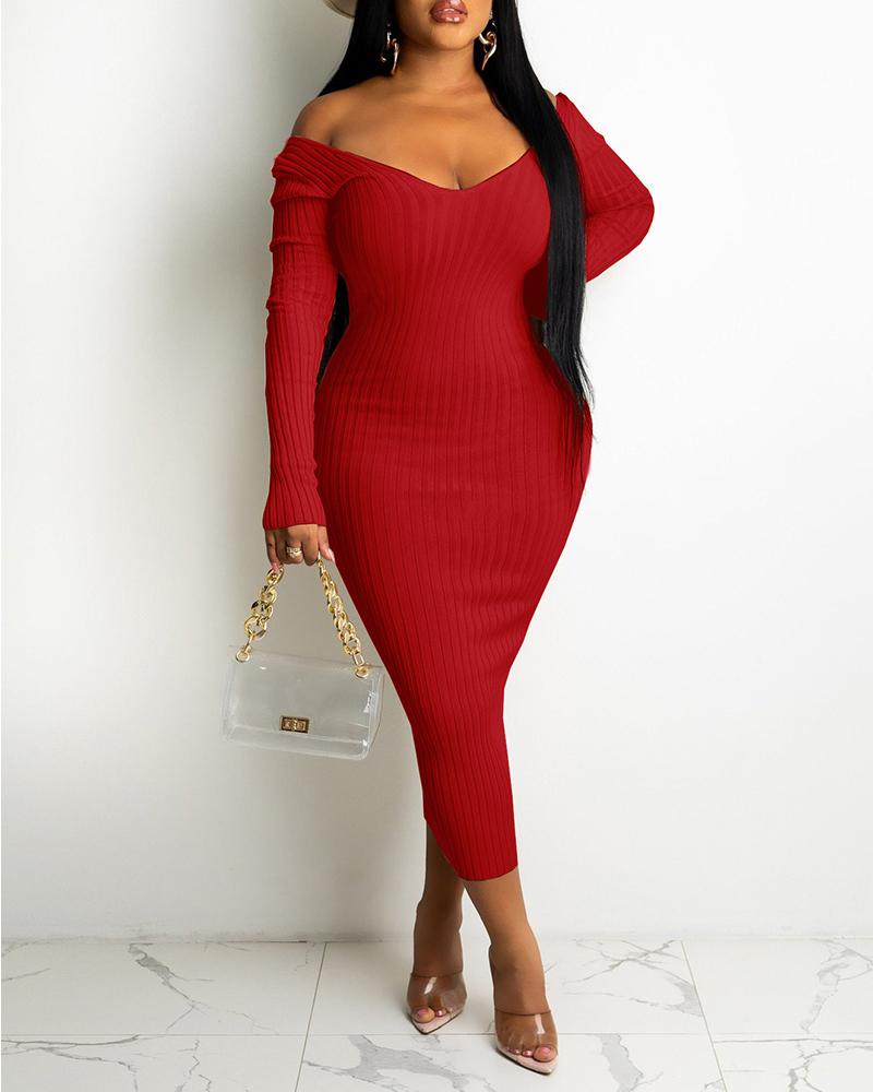 

V Neck Long Sleeve Skinny Maxi Dress, Red