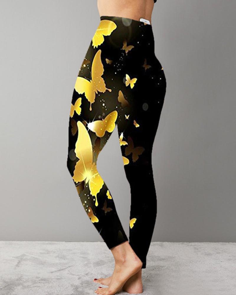 

Butterfly Print Skinny Yoga Pants, Yellow