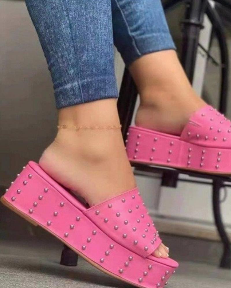 

Studded Square Toe Platform Slippers, Hot pink