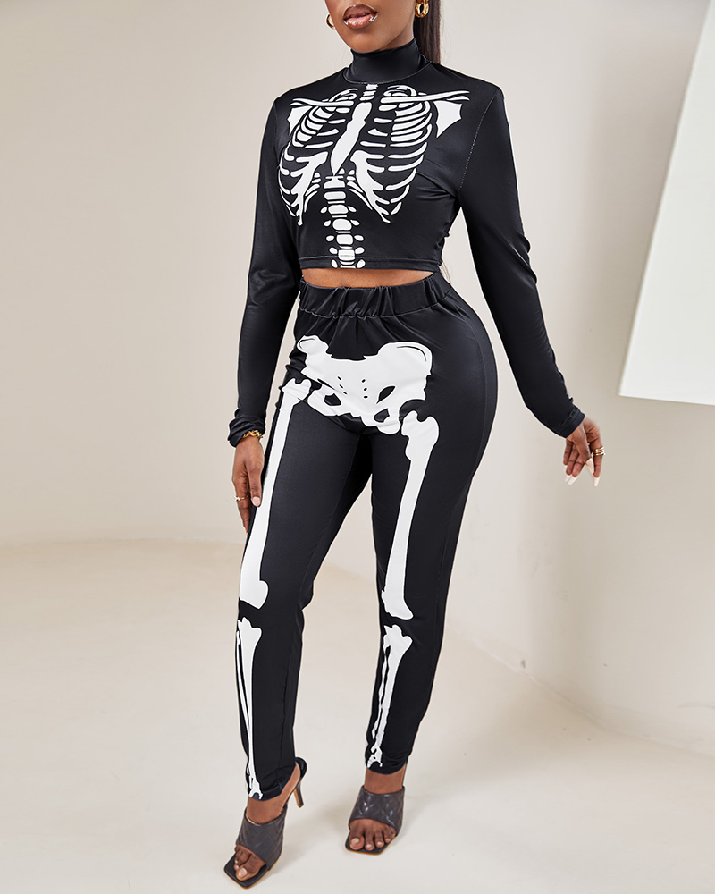 Skeleton Print Crop Top & High Waist Pants Set