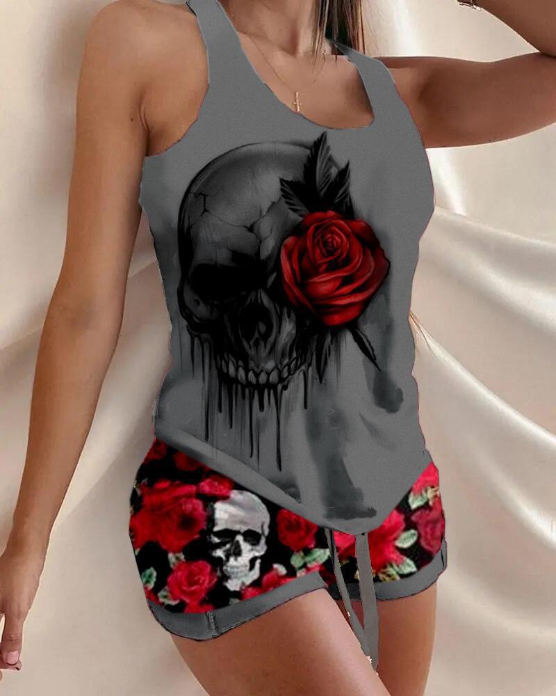

Halloween Skull Rose Print Drawstring Pajamas Set, Gray
