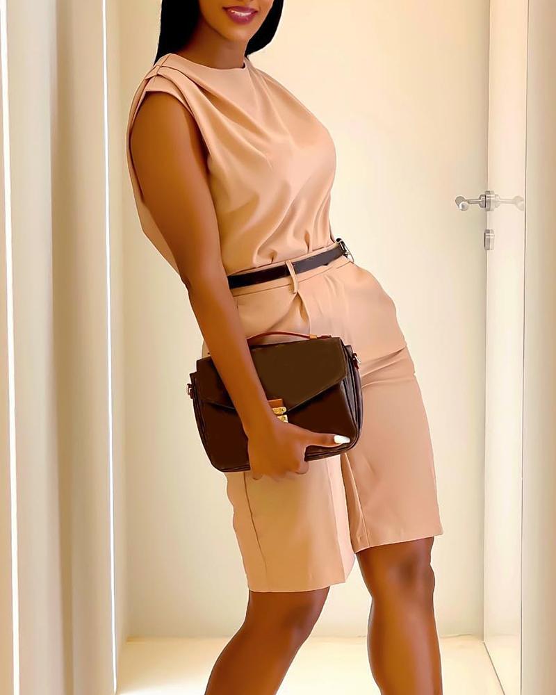 

Ruched Shoulder Sleeveless Top & Shorts Set Without Belt, Khaki