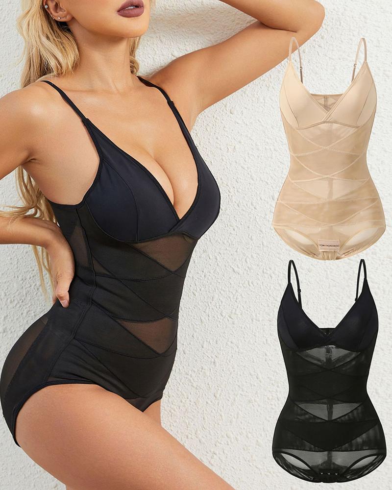 Sheer Mesh Tummy Control Slim Waist Crotchless Shapewear Bodysuit