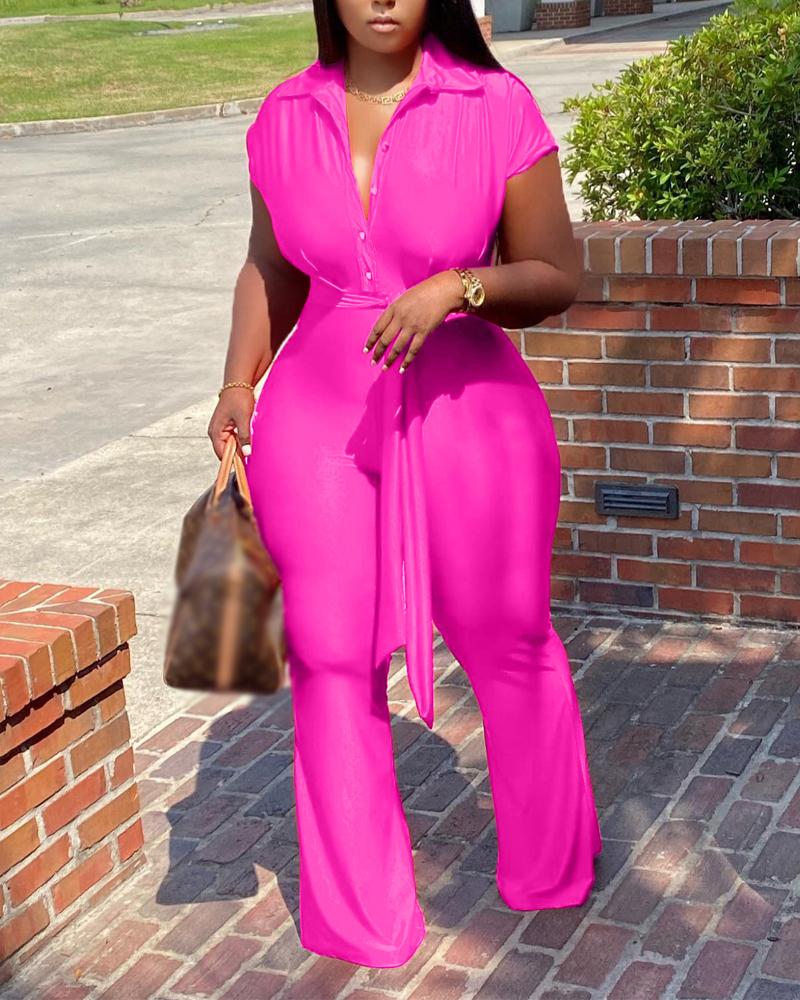 

Short Sleeve Button Front Belted Jumpsuit, Hot pink
