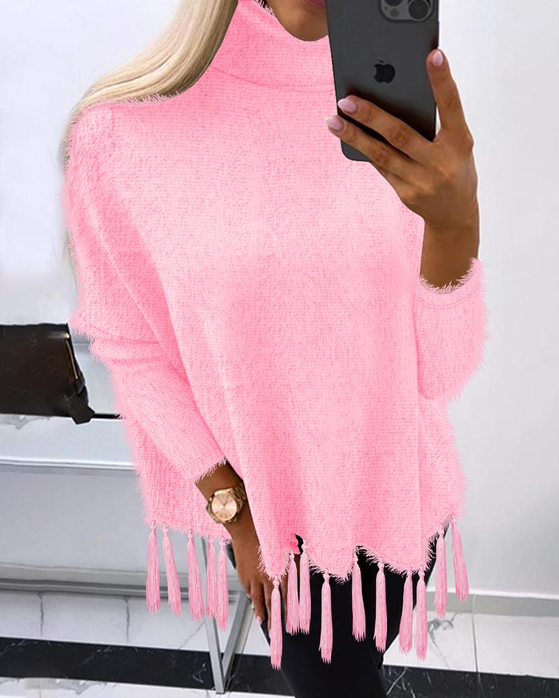 

Fluffy Turtleneck Tassel Design Top, Pink