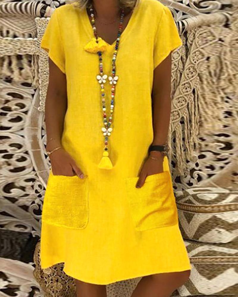 

Pocket Design Short Sleeve Tassel Design Casual Dress, Dark blue