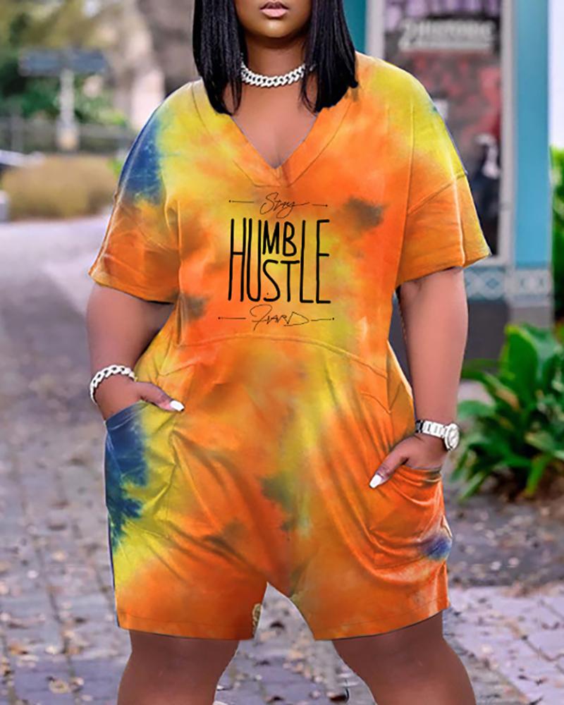 

Pocket Design Tie Dye Letter Print Short Sleeve Romper, Multicolor