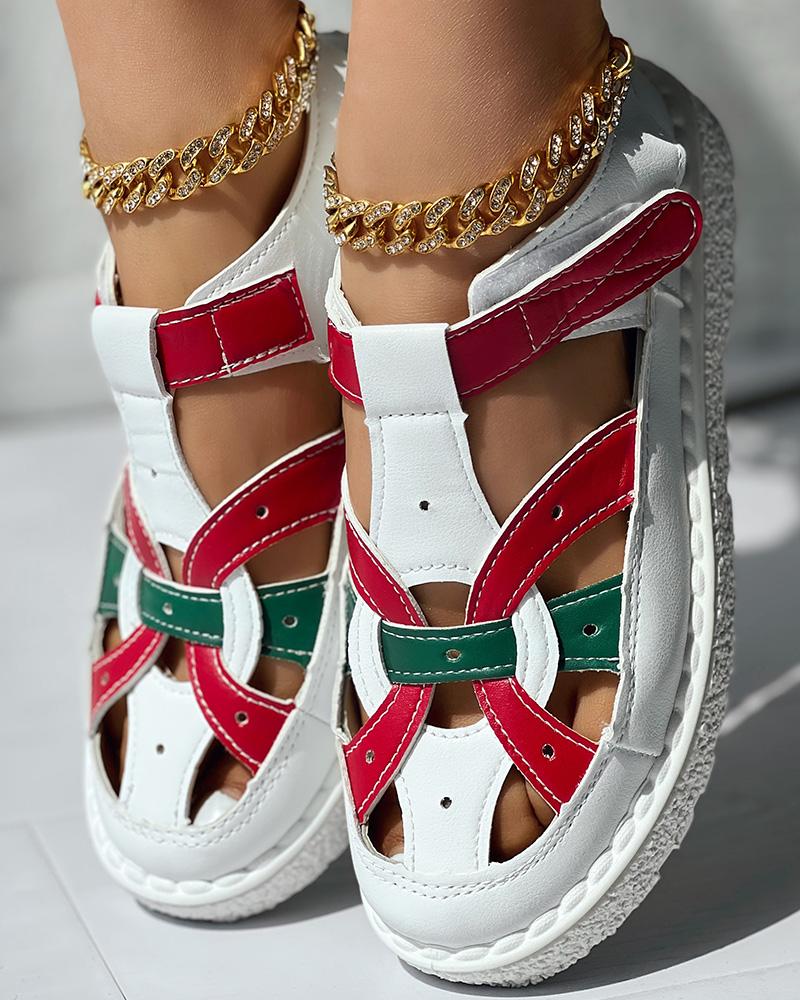 

Colorblock Hollow Out Velcro Sandals, White&red