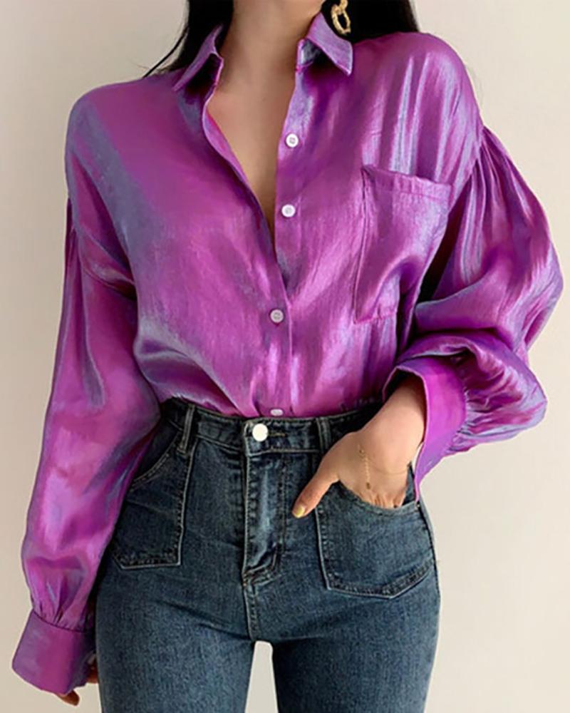 

Pocket Button Design Lantern Sleeve Top, Purple