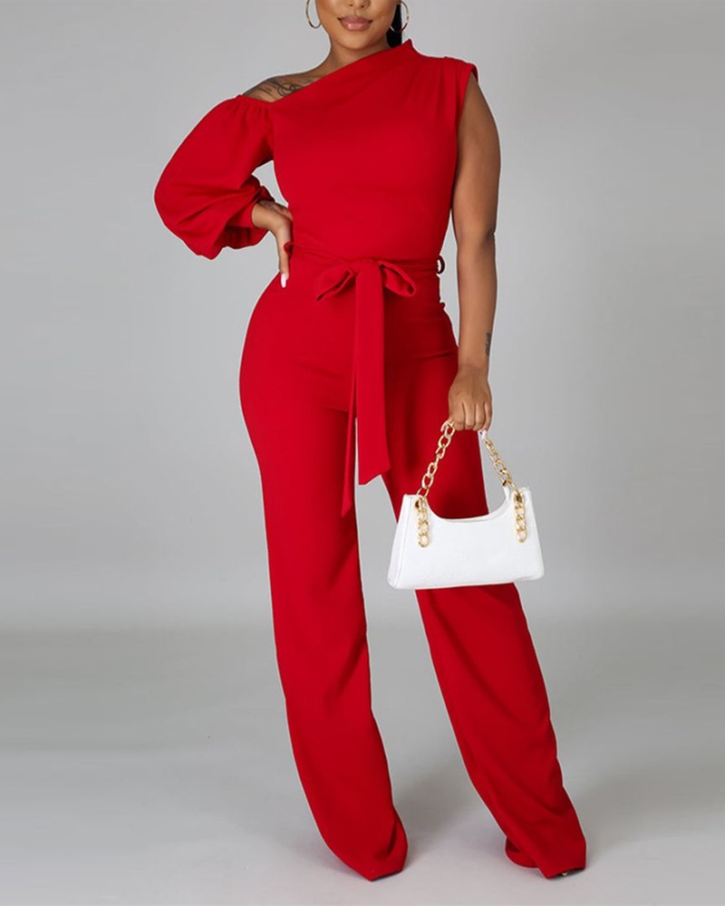 

Cold Shoulder Lantern Sleeve Belted Jumpsuit, Red