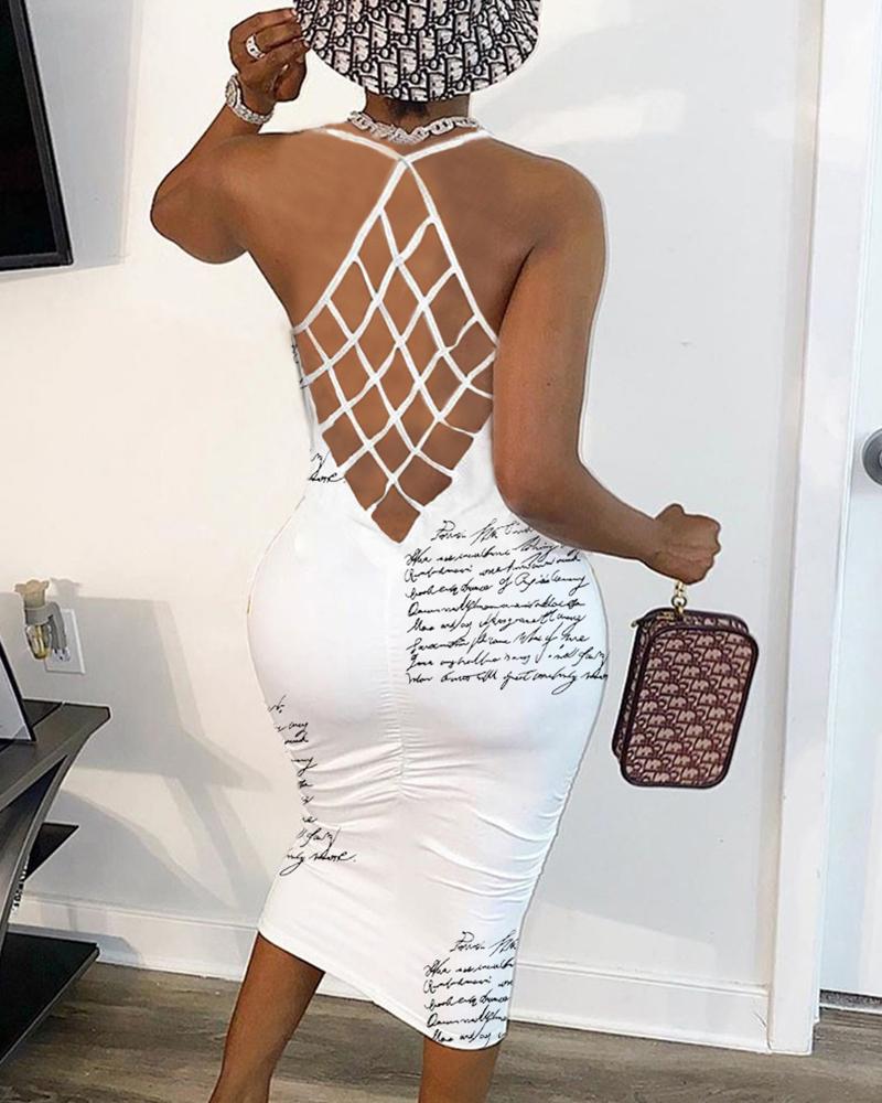 

Letter Print U-Neck Sleeveless Open Back Bodycon Dress, White