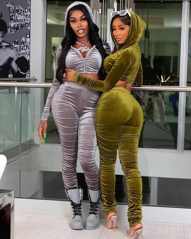 

Velvet Ruched Hooded Top & High Waist Pants Set, Gray