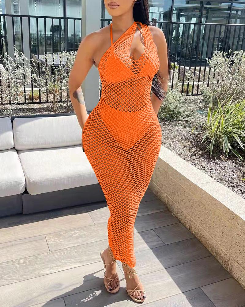 

Cutout One Shoulder Fishnet Cover Up Beach Dress, Orange