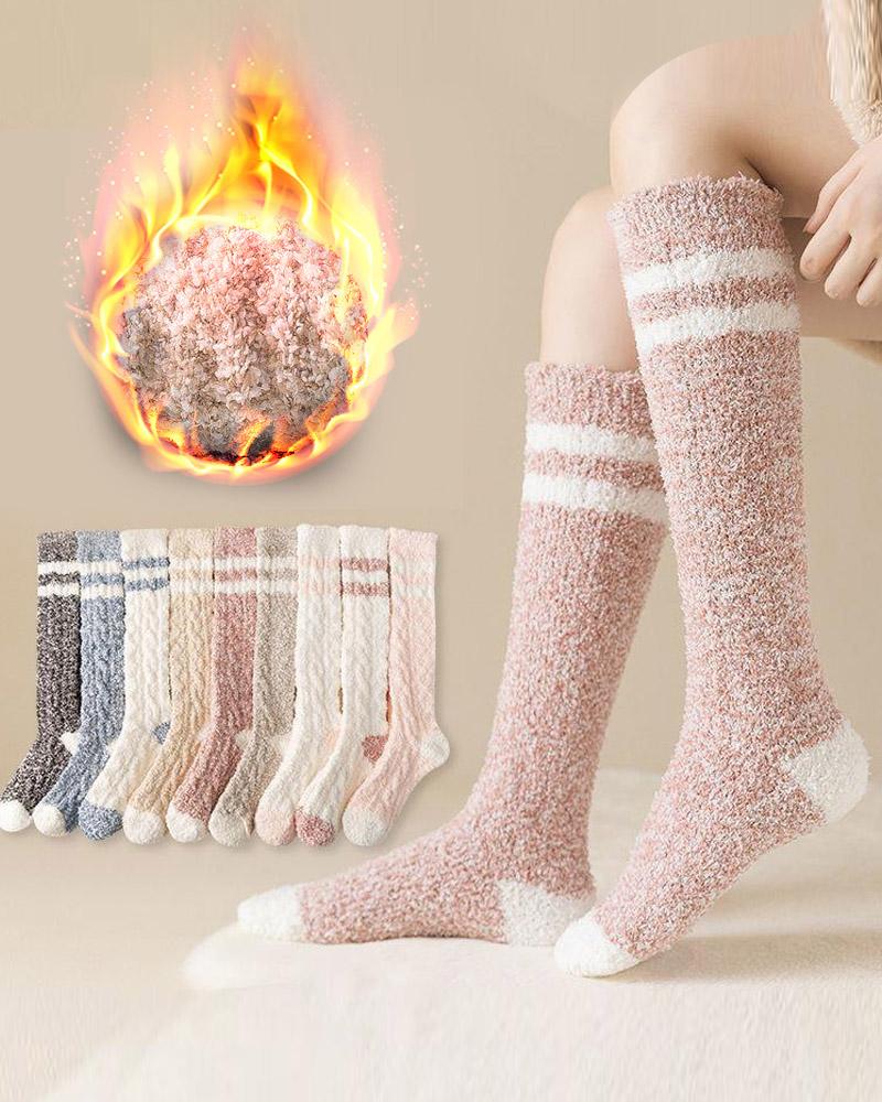 

1Pair Contrast Paneled Over The Calf Fluffy Tube Socks, Pink