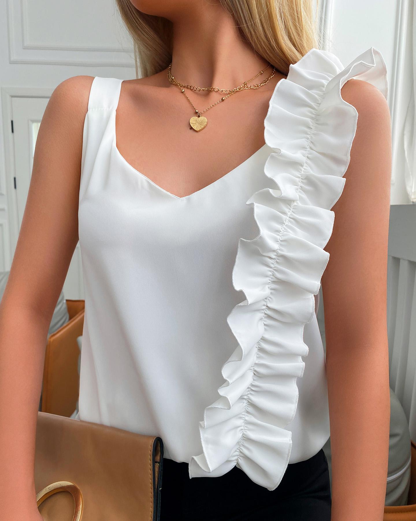 

Ruffle Hem Backless V-Neck Tank Top, White