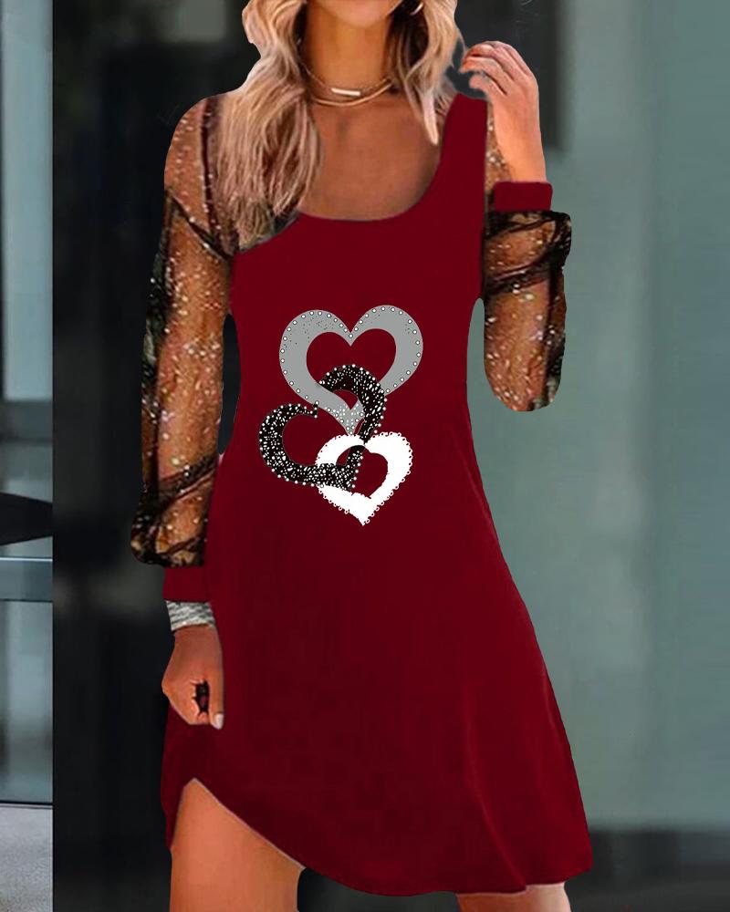 

Heart Print Sheer Mesh Long Sleeve Casual Dress, Wine red