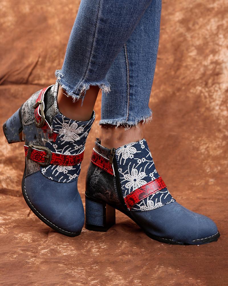 

Vintage Round Toe Floral Embroidery Heeled Ankle Boots With Buckle, Blue