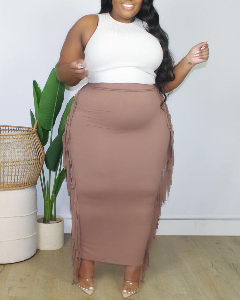 

Plus Size Tassel Detail Skinny Maxi Skirt, Khaki