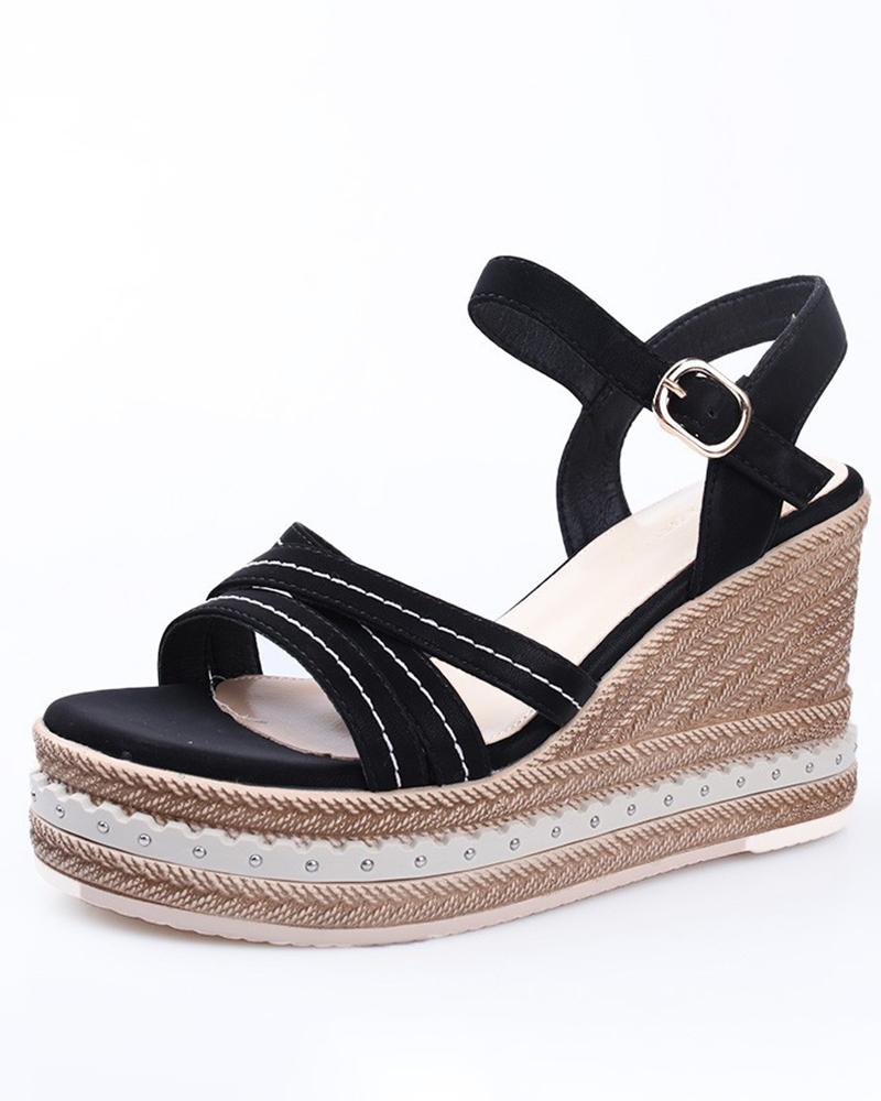 

Braided Slingback Buckled Muffin Wedge Shoes, Black