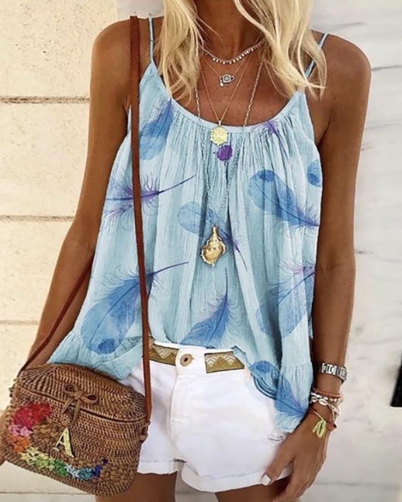 

Spaghetti Strap Feather Print Top, Blue