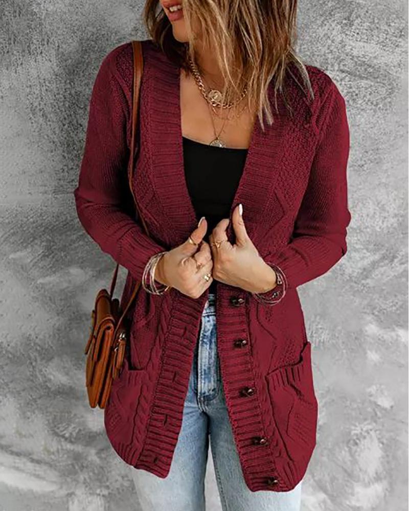 

Pocket Button Design Long Sleeve Braided Knit Cardigan, Wine red