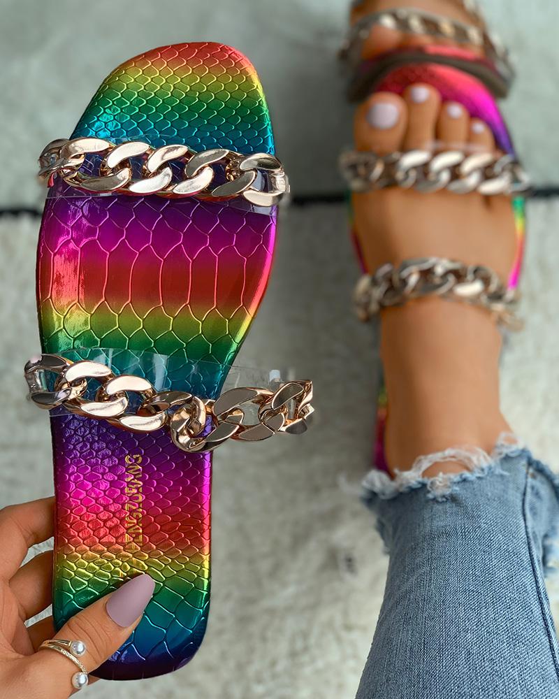 

Chain Strap Croc Embossed Square Toe Slippers, Multicolor