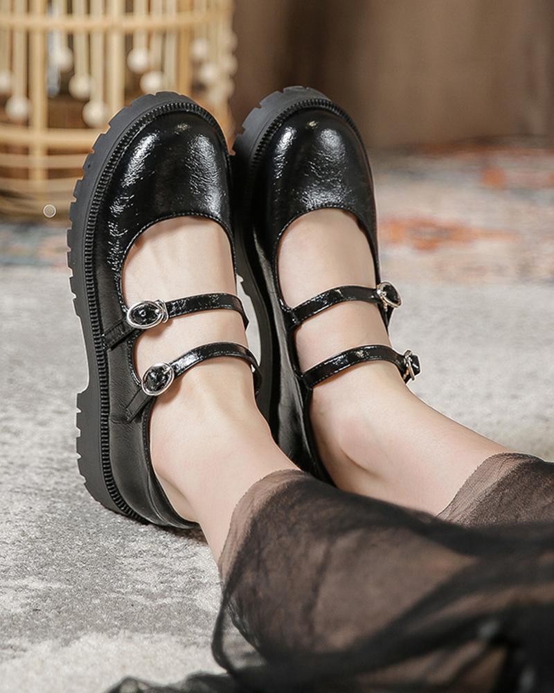 

Round Toe Double Strap Hollow-out Platform Shoes, Black