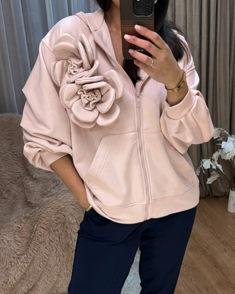 

Shoulder 3D Flower Decor Hooded Coat Casual Zipper Front Loose Sweatshirt wirh Pockets, Pink