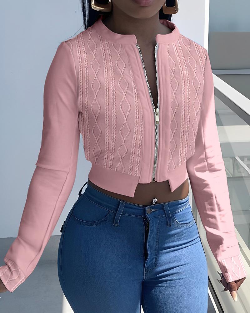 

Zipper Design Long Sleeve Textured Crop Jacket, Pink