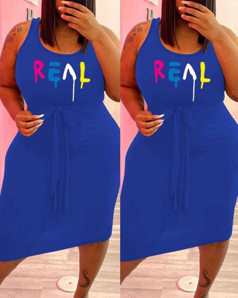 

Plus Size Letter Print Tied Detail Casual Tank Dress, Blue