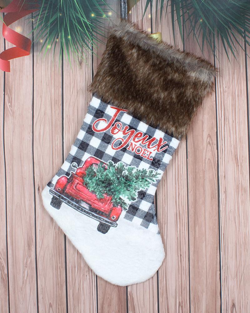 

Christmas Car Plaid Letter Print Fluffy Trim Stockings Hanging Ornaments, Style2