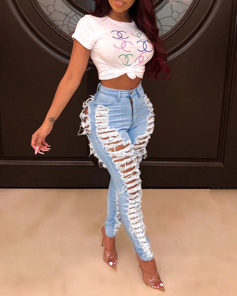 

High Waist Distressed Skinny Jeans, Blue