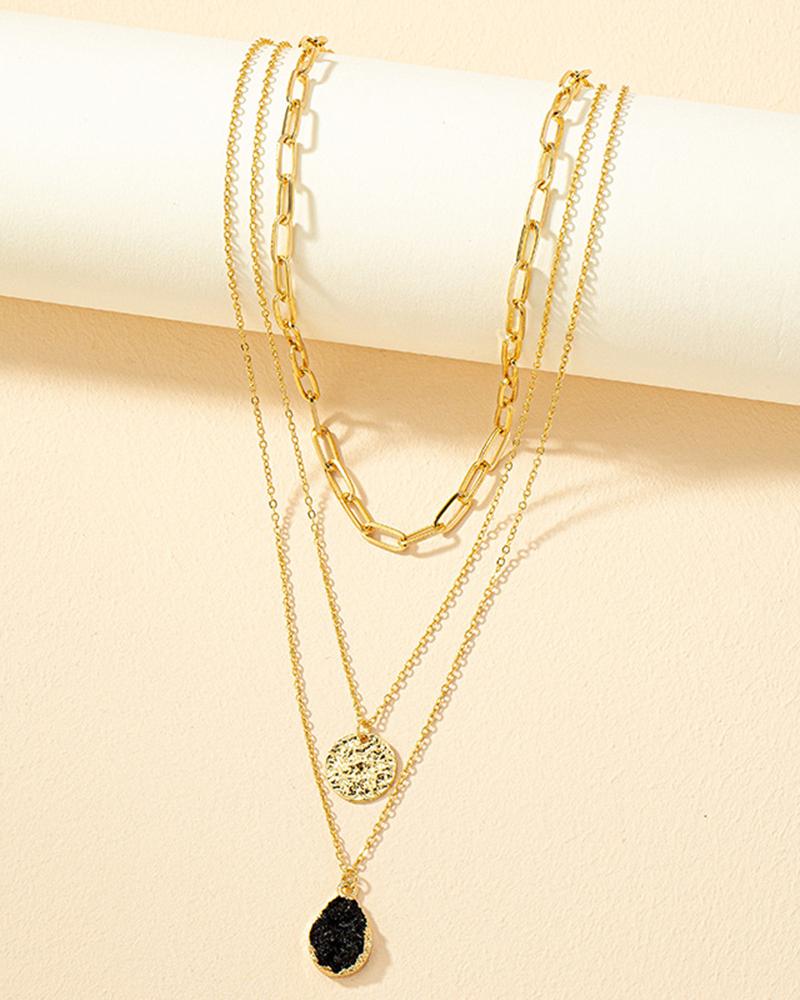 

1pc Natural Stone Multi-layer Disc Pendant Necklace, Black