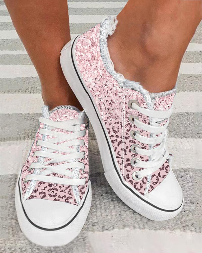 

Cheetah Print Ombre Fringe Hem Canvas Sneakers, Pink