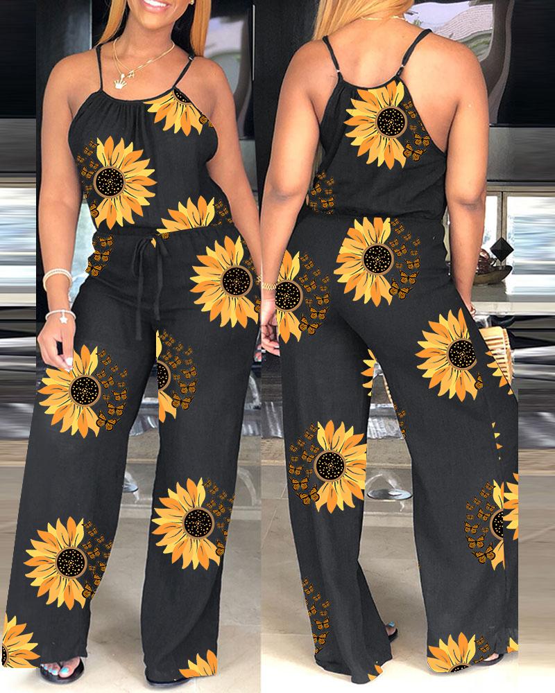 

Sunflower Butterfly Print Spaghetti Strap Drawstring Jumpsuit, Black