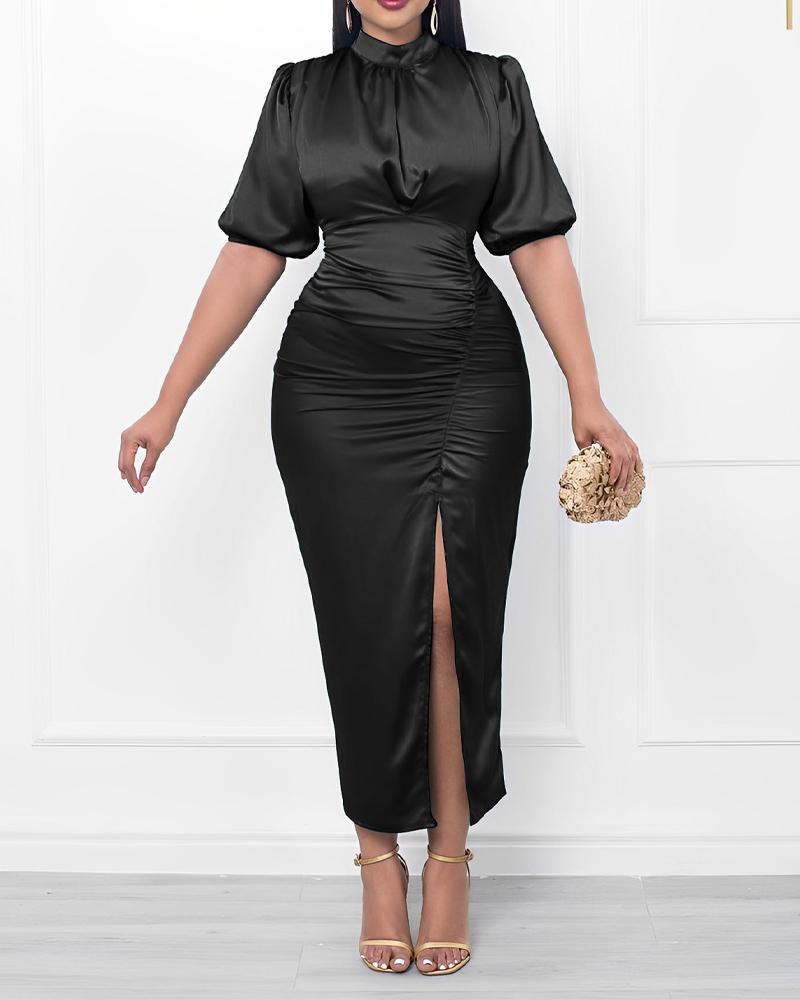 

Puff Sleeve Ruched High Slit Party Dress, Black
