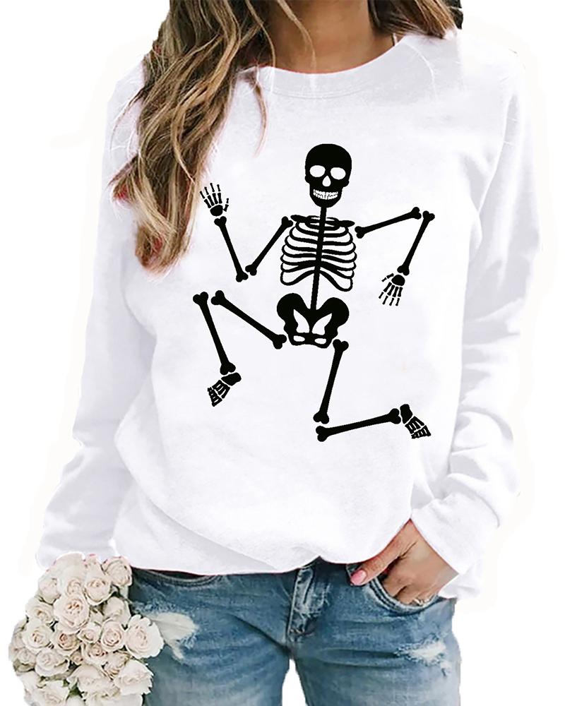 

Halloween O-Neck Skeleton Print Top, White